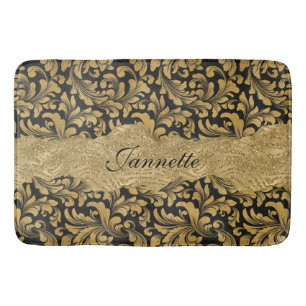 Tapis De Bain Chic Faux Floral Monogramme Or Noir