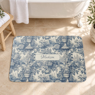 Tapis De Bain Chic floral vintage toile de jouy monogramme bleu