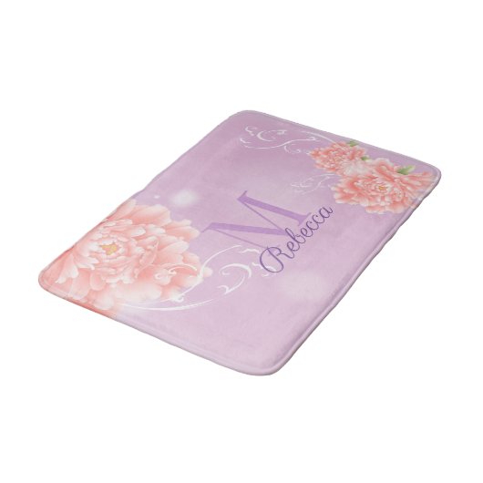 Tapis De Bain Chic girly floral violet rose pivoine monogramme (Angle)