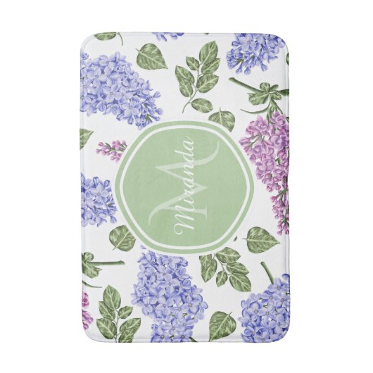 Tapis De Bain Chic Lavender Lilac Floral Pastel Monogramme vert (Devant (Vertical))