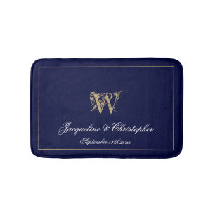 Tapis De Bain Chic Moderne Monogramme bleu Noms Mariage nouvelle