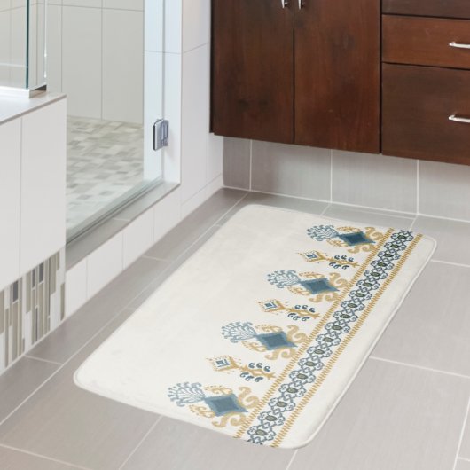 Tapis De Bain Chic moderne Neutral Turquoise Bleu Ikat Motif tri