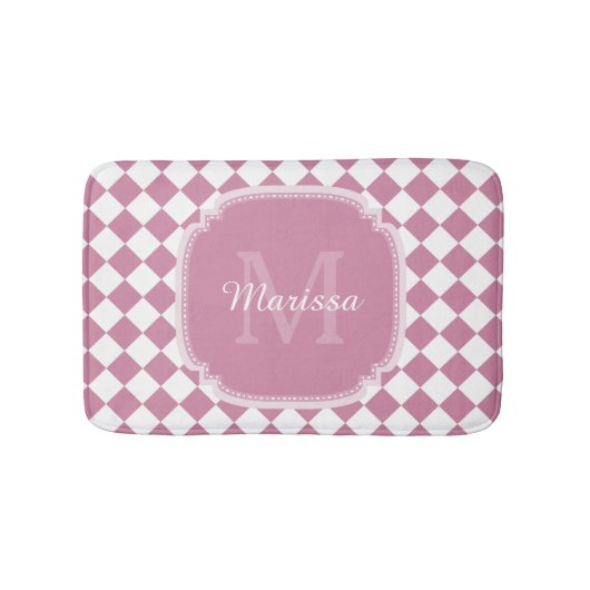 Tapis De Bain Chic rose et blanc coché Nom monogrammé (Devant)