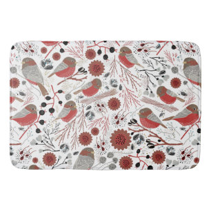 Tapis De Bain Chickadees Motif Gris Rouge avec Floral