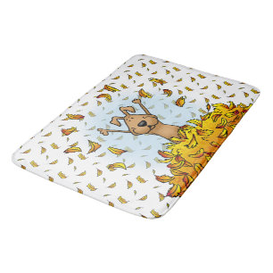 Tapis De Bain Chien Jouant dans un seau de feuilles d'automne -