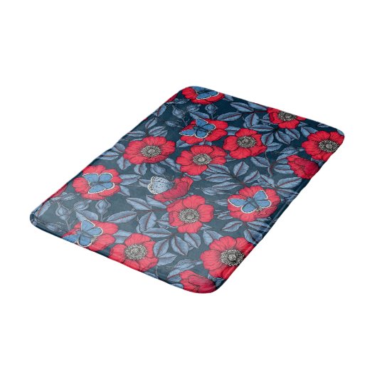 Tapis De Bain Chien rose et papillons en bleu et rouge (Angle)