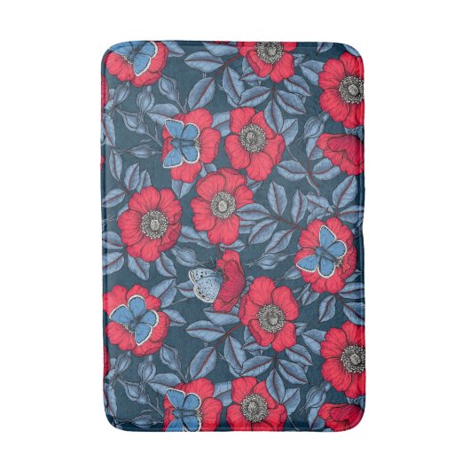 Tapis De Bain Chien rose et papillons en bleu et rouge (Devant (Vertical))