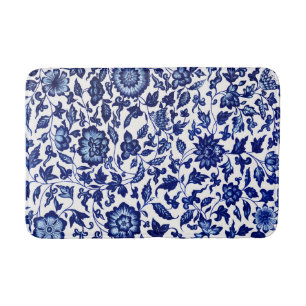 Tapis De Bain Chinois bleu marine foncé motif floral sur blanc