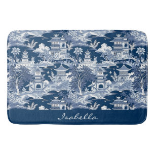 Tapis De Bain Chinoiserie Asiatique Paysage Peinture Bleu Blanc