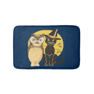 Tapis De Bain Chouette vintage Et Chat Noir Mat Bain