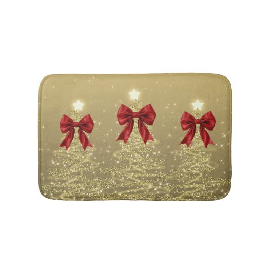 Tapis De Bain Christmas Sparkling Trees Gold Faux Red Bow (Devant)