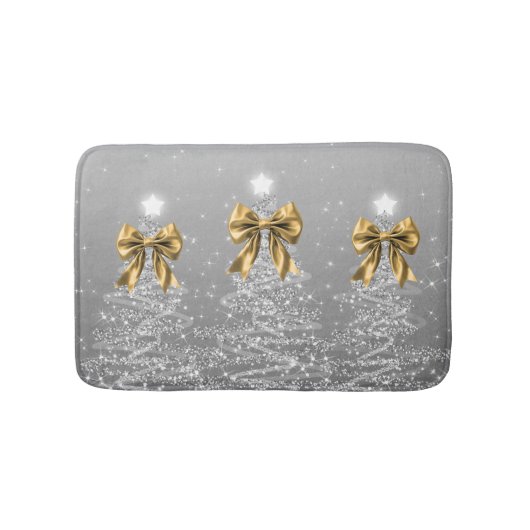 Tapis De Bain Christmas Sparkling Trees Silver Faux Gold Bow (Devant)