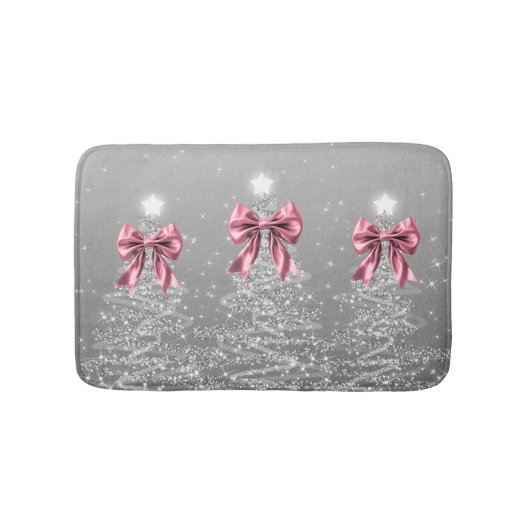 Tapis De Bain Christmas Sparkling Trees Silver Faux Pink Bow (Devant)