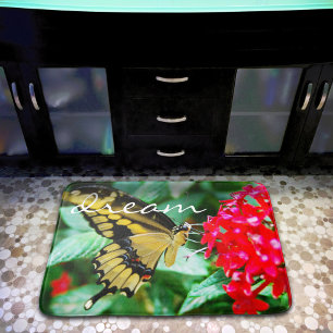 Tapis De Bain Citation de rêve Script Papillon noir jaune Photo
