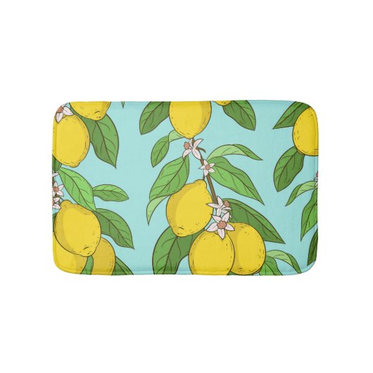 Tapis De Bain Citrons, Arrière - plan Bleu Vibrant sans couture. (Devant)