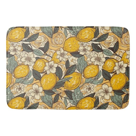 Tapis De Bain Citrons d'été et fleurs blanches (Devant)