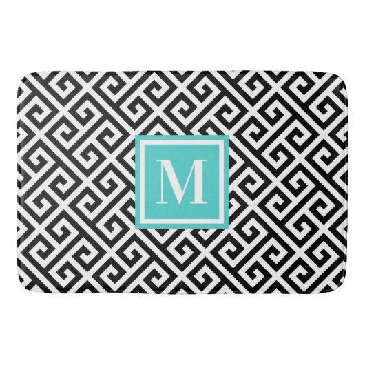 Tapis De Bain Clé Grecque Diagonale Noir Blanc Monogramme Turquo (Devant)