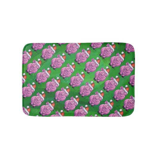 Tapis De Bain Cochon de vacances à Santa Hat Motif sur Vert (Devant)