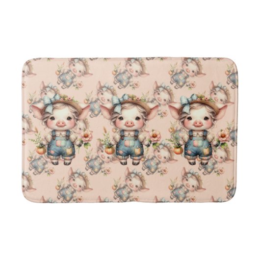 Tapis De Bain Cochon fermier mignon dans les salons avec fleurs (Devant)