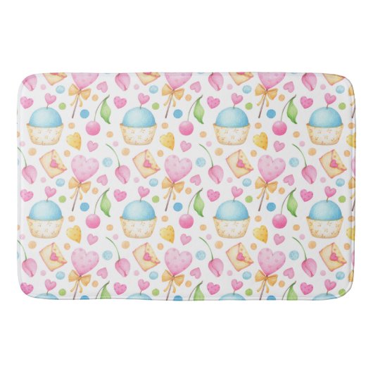 Tapis De Bain Coeurs et cupcakes Motif d'aquarelle (Devant)