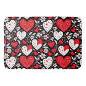 Tapis De Bain Coeurs et fleurs rouges, noirs et blancs (Devant)