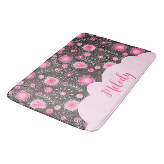 Tapis De Bain Coeurs gris rose blanc et nom fleuri (Angle)