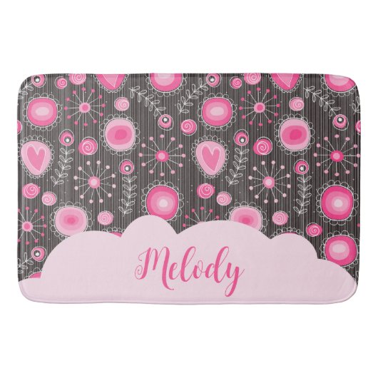Tapis De Bain Coeurs gris rose blanc et nom fleuri (Devant)