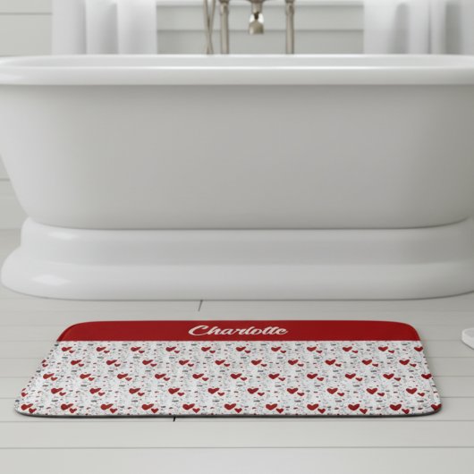 Tapis De Bain Cœurs Rétro Doodle Rouge Noir Monogramme Nom