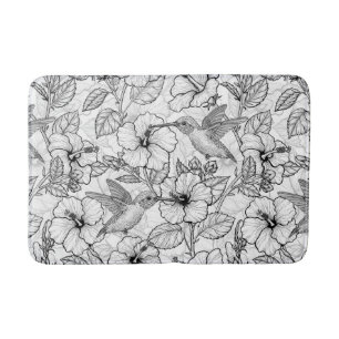 Tapis De Bain Colibris et fleurs d'hibiscus b&w
