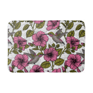 Tapis De Bain Colibris et fleurs d'hibiscus roses
