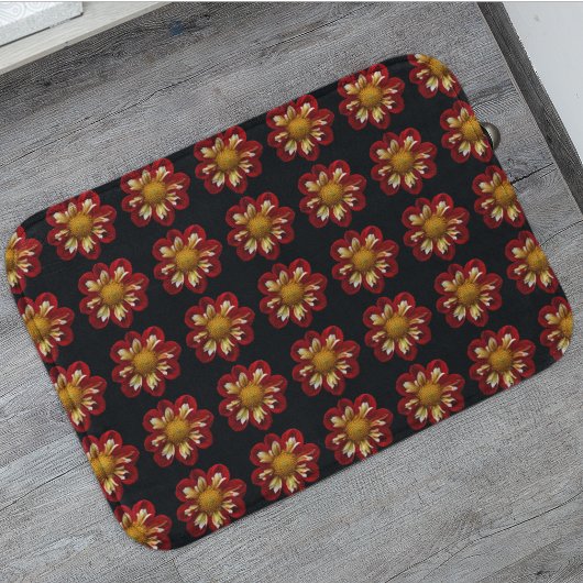 Tapis De Bain Collarette rouge Dahlia motifs floraux sur noir