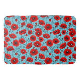 Tapis De Bain Coquelicots rouges sur fond bleu