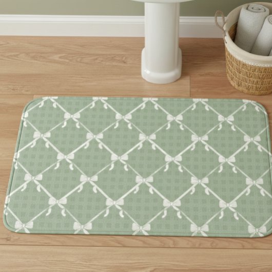 Tapis De Bain Coquette Bows Gingham Pattern Cream Sage Green