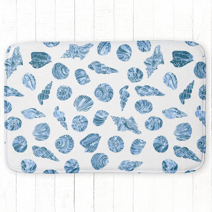 Tapis De Bain Coquillage Aquarelle Marin Côtier Bleu