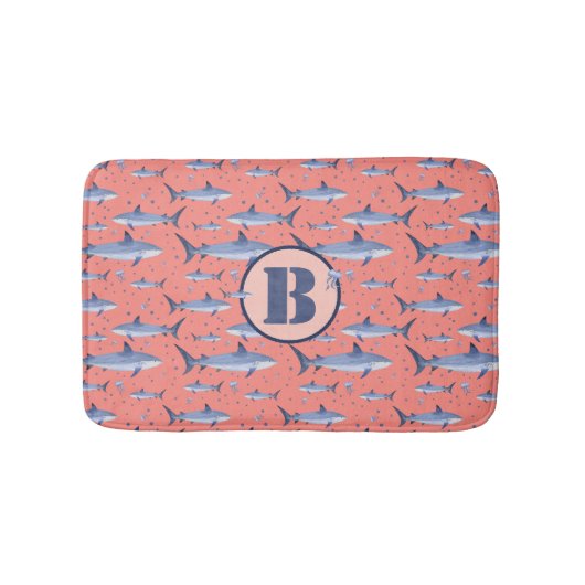 Tapis De Bain Corail et marine Aquarelle Monogramme Requin Vie m (Devant)