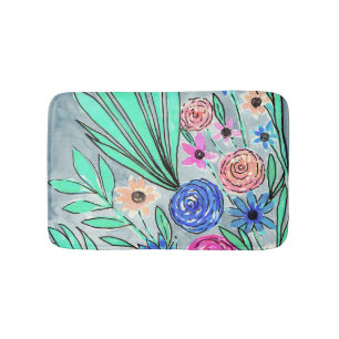 Tapis De Bain Corail rose bleu vert Aquarelle Art