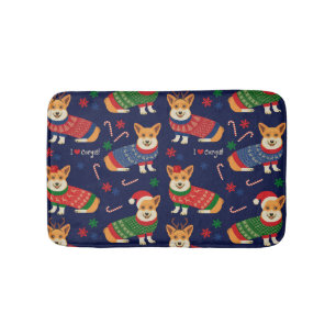 Tapis De Bain Corgis de Noël : Illustration Vintage festive.