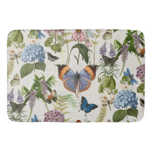 Tapis De Bain Cottage Floral Botanique Bleu Hydrangée Papillon