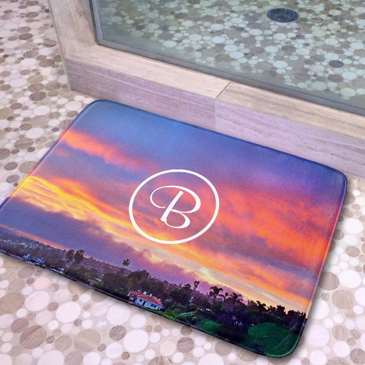Tapis De Bain Coucher de soleil bleu rose personnalisé monogramm