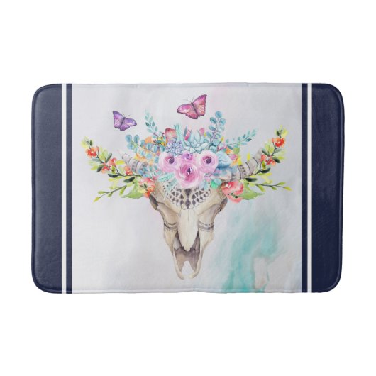 Tapis De Bain Crâne animal Boho avec papillons et fleurs (Devant)
