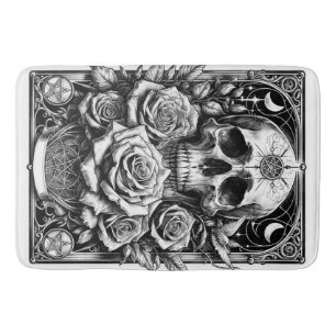 Tapis De Bain Crâne de squelette pentacle et roses Art de tarot
