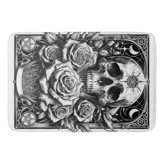 Tapis De Bain Crâne de squelette pentacle et roses Art de tarot (Devant)