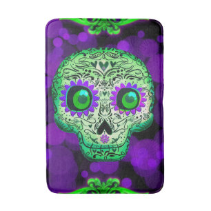 Tapis De Bain Crâne de sucre vert et pourpre brillant Halloween