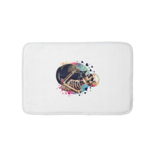 Tapis De Bain Crâne drôle de squelette câlinant un chat aquarell