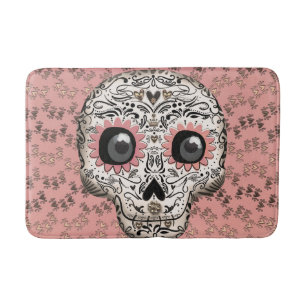 Tapis De Bain Crâne en sucre rose et or et cœurs fantaisistes mi