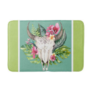 Tapis De Bain Crâne Floral Boho Sarcelle & Vert Couleurs Vives C
