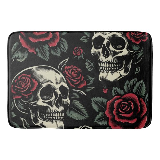 Tapis De Bain Crânes et roses rouges Floral gothique (Devant)