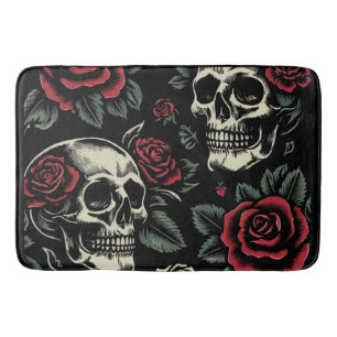 Tapis De Bain Crânes & Roses Rouges Floral Gothique