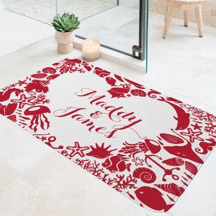 Tapis De Bain Créatures marines rouges et blanches Couples Monog