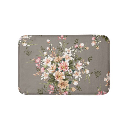 Tapis De Bain Crème, fleurs roses sur gris. (Devant)